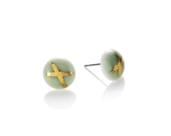green Studs porcelain with 22k Gold cross