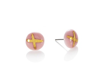 Pink Studs domed porcelain 22k Gold cross