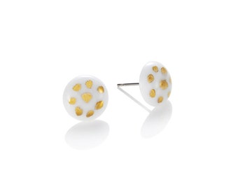 White polka dot studs porcelain with 22k Gold