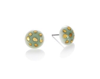 green porcelain round Studs with 22k Gold polka dot