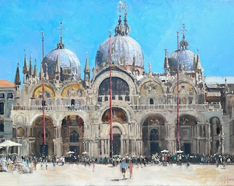 May include: A painting of the Basilica di San Marco in Venice, Italy. The basilica is a large, ornate building with multiple domes and arches. The painting is done in a realistic style with a focus on detail. The painting is set against a bright blue sky.