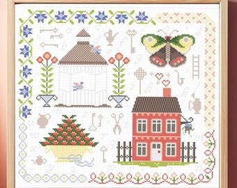 Home Sweet Home Primitive Cross Stitch Victorian Antique Border Alphabet Sampler Cross Stitch Pattern, Embroidery, Instant Download PDF