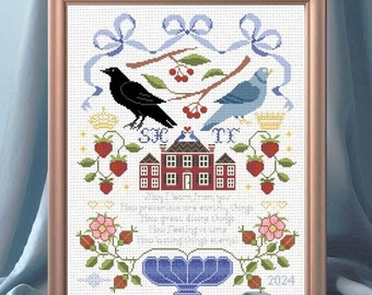 House of Birds Victorian Sampler Cross Stitch Pattern, Needlepoint Embroidery, Instant Download PDF