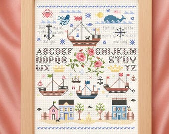 Sailor's Warning Nautical Sea Beach Sampler Cross Stitch Pattern, Needlepoint Embroidery, Instant Download PDF
