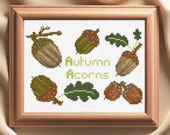 Autumn Acorns Cross Stitch Pattern, 4x6 Inch, Fall X Stitch Chart, Thanksgiving Halloween Fall Sampler Embroidery, Instant Download PDF