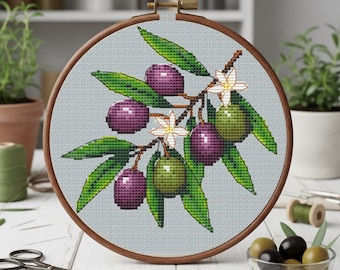 Olive Branch Mediterranean Fruit Cross Stitch Pattern Embroidery Instant Download PDF