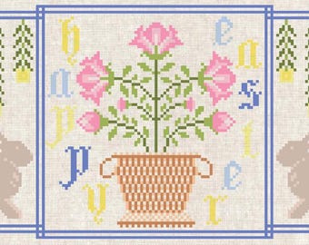 Easter Bunny Holiday Primitive Motif Sampler Cross Stitch Pattern, Needlepoint Embroidery, DMC floss only, Instant Download PDF