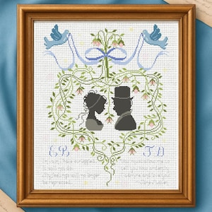 Pride and Prejudice Jane Austen Mr. Darcy and Elizabeth Bennet Sampler Cross Stitch Pattern, Needlepoint Embroidery, Instant Download PDF