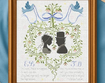 Pride and Prejudice Jane Austen Mr. Darcy and Elizabeth Bennet Sampler Cross Stitch Pattern, Needlepoint Embroidery, Instant Download PDF