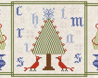 Christmas Holiday Primitive Sampler Cross Stitch Pattern, Needlepoint Embroidery, DMC floss only, Instant Download PDF