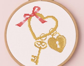 Heart Keychain Cross Stitch Pattern, Key, Lock and Bow Cross Stitch, Needlepoint Embroidery, Instant Download PDF