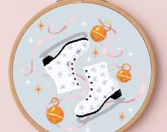 Ice Skates Winter Bells Christmas Figure Skating Cross Stitch Pattern, Needlepoint Embroidery, Instant Download PDF