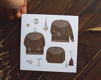 little sweater. postcard // cozy postcard /knitting postcard / square postcard