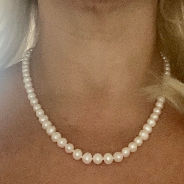 Hand Knotted Cultured Freshwater Pearl Semi-Round 7mm necklace. Choker, Princess, and Matinee Lengths. Bridal or Special Occasion Gift