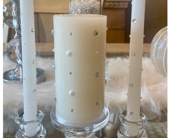 Unity candle set for wedding ceremony.  White candles with Pearls and Crystal. Set of 3 candles