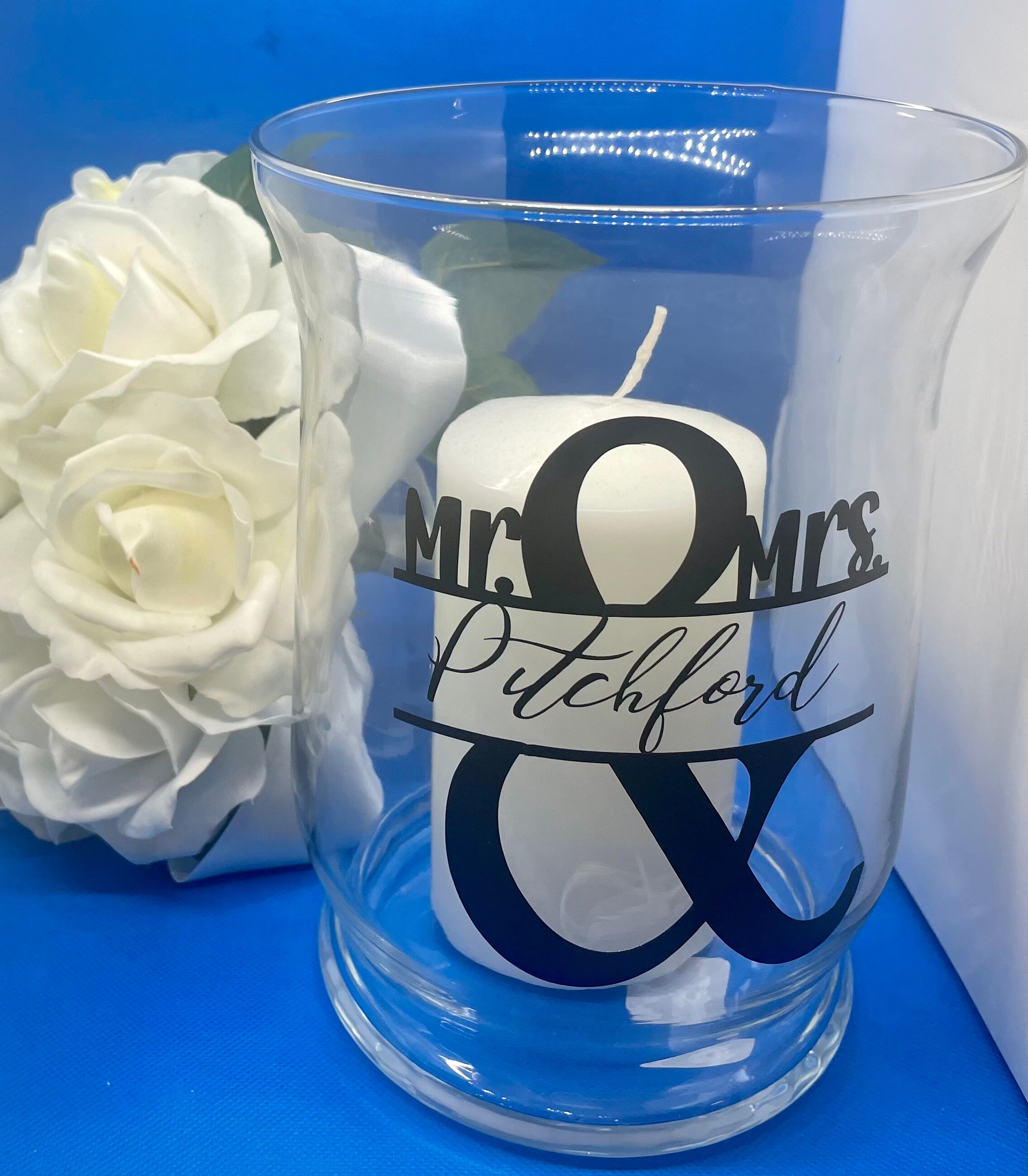 Glass Unity Candle Holder Set. Set of Three. Vinyl Wedding Monogram