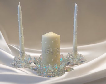 Crystal Unity Candle Holder for Wedding Ceremony. 2 Taper Candle Holders and Pillar Candle Holder. Church Ceremony