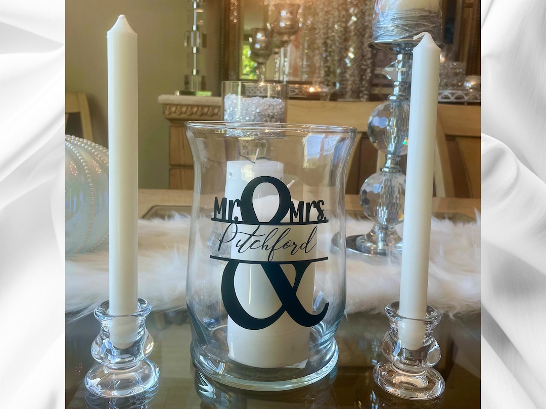 Glass Unity Candle Holder Set. Set of Three. Vinyl Wedding Monogram