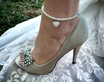 Something Blue for Bride 4mm Swarovski  Pearl and Rhinestone Heart Charm Anklet. Bridal Gift, Bridal Shower. Romantic Weddings