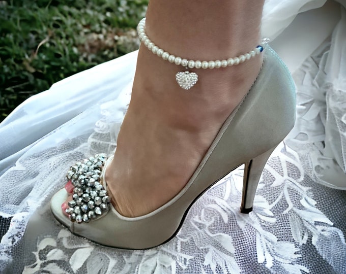 Featured listing image: Something Blue for Bride 4mm Swarovski  Pearl and Rhinestone Heart Charm Anklet.