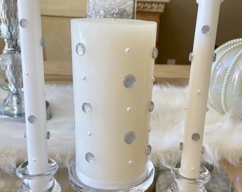 Unity candle set for wedding ceremony.  White candles with Pearls and Crystal. Set of 3 candles