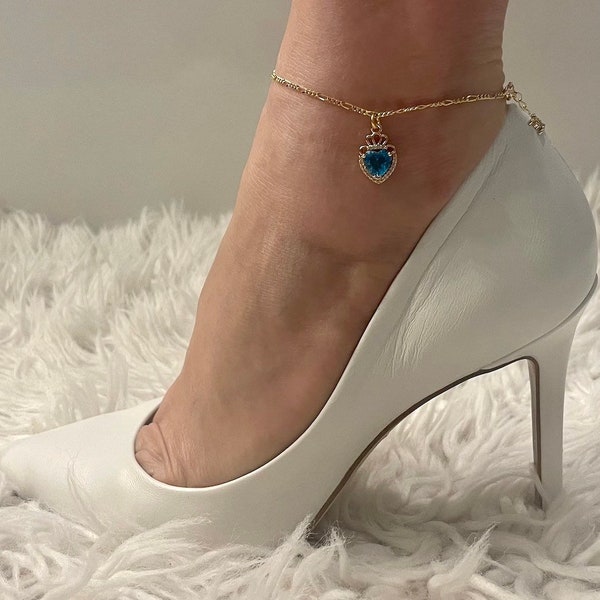 Something Blue for Bride Rhinestone Heart Anklet, Gold Filled Ankle Bracelet, Something Blue Anklet, Bridal Anklet, Bridal Wedding Party