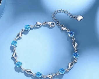Sterling Silver Adjustable Bracelet – Blue Cubic Zirconia Heart Charm