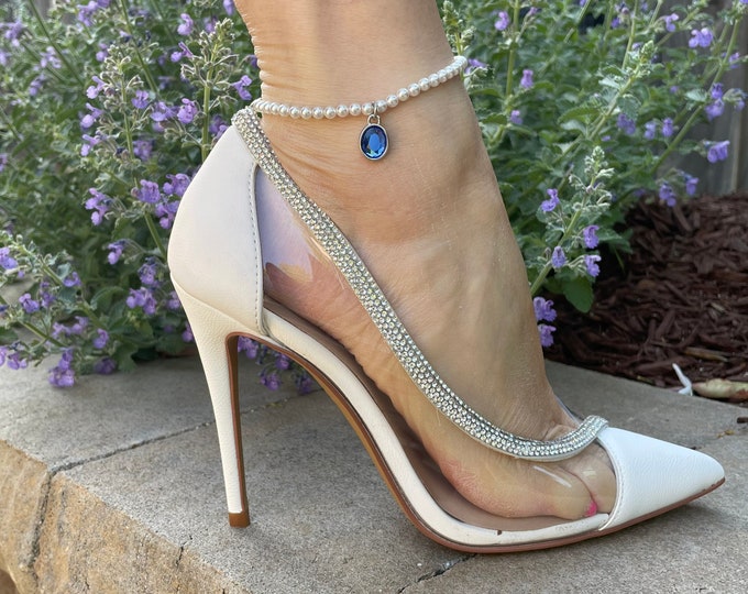 Featured listing image: Something Blue for Bride 4mm Swarovski Pearl and Oval Blue Gem Charm Anklet.