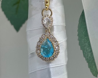 Colgante para ramo de novia "Something Blue" - Cristal dorado, cinta de satén