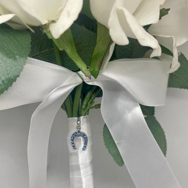 Horseshoe Bridal Bouquet Charm. Something Blue. Bouquet Accessory, Wedding Keepsake.