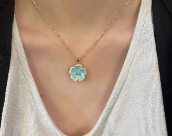 Collar de hibisco, cadena de fígaro llena de oro de 10k, novia tropical algo azul, regalo de damas de honor, joyería de boda, regalo de fiesta nupcial