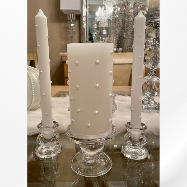 Unity candle set for wedding ceremony.  White candles with White Pearls. Set of 3 candles