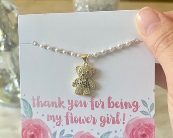 Flower Girl Charm Necklace, Teddy Bear and Initial Charm, Pearl and Gold Necklace, Bridal Party