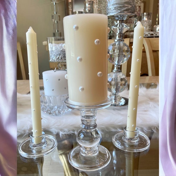 Crystal Unity Candle Holders. 2 Taper and 1 Pillar Candle Holders. Church Wedding Ceremony. Personalization