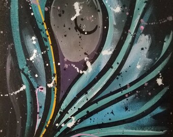May include: Abstract painting with a teal, blue, and purple color scheme. The painting features a large, central shape with a swirling, organic design. The background is black with white and pink splatters of paint.