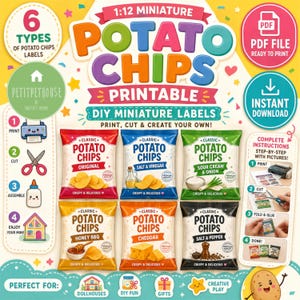 Puede incluir: Una hoja imprimible digital con etiquetas para bolsas de patatas fritas en miniatura a escala 1:12 en seis variedades: Original, Sal y Vinagre, Crema Agria y Cebolla, Barbacoa con Miel, Cheddar y Sal y Pimienta. Incluye instrucciones visuales.