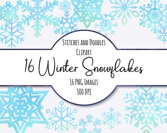 16 Winter Snowflakes Clipart, Watercolour winter clip art, Christmas clipart, snowflakes PNG, snowflake stickers, snowflakes decoration