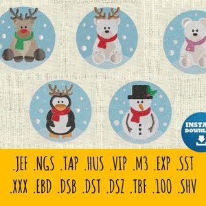 Christmas Buddies embroidery design, Xmas penguin, Snowman, Reindeer, polar bear, snowy winter machine embroidery, winter cartoon characters
