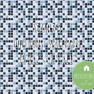Printable Seamless Blue Black Mosaic Tiles Miniature Dollhouse Wallpaper Instant Download Digital Paper for Miniature Doll house Scrapbook