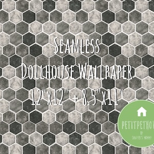 Peut inclure: Papier peint pour maison de poupée sans couture, motif hexagonal en carreaux gris et blancs. Le papier peint est disponible en deux tailles : 30,5 cm x 30,5 cm et 21,6 cm x 27,9 cm.