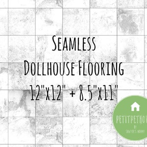 May include: Seamless dollhouse flooring in two sizes: 12" x 12" and 8.5" x 11". The flooring is a light grey colour with a textured surface. The text "PetitPetHouse by Sawyer's Honey" is in a green circle with a house icon.
