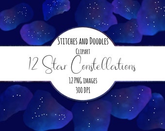 12 Star Constellations Watercolour Clipart, zodiac constellations clip art, astrology, Horoscope clipart, celestial clipart