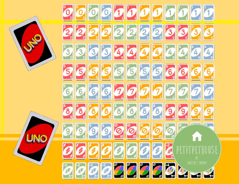 printable 16 miniature play scale uno card game 108 cards