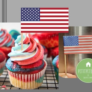 May include: Red, white, and blue cupcakes with swirl frosting topped with small American flags. The cupcakes are on a wire rack. The image also includes a close-up of a single American flag on a toothpick.