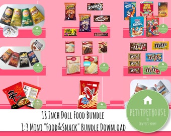 Printable 1:3 Mini 18 Inch Doll Junk Food Snack 9-in-1 Bundle | Doll Food | Pretend Play | Mini Chocolate & Chips | DIY