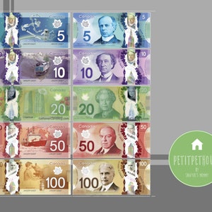 printable play money for kids canadian dollar cad money double etsy