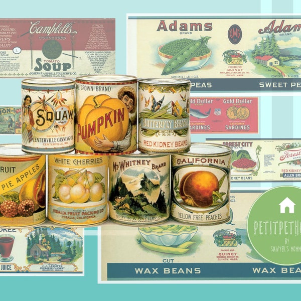 Printable 1:12 Miniature Vintage Canned Food (34 Pieces) for Dollhouse | Doll House Miniature | Collectible | Instant Download Vintage | DIY