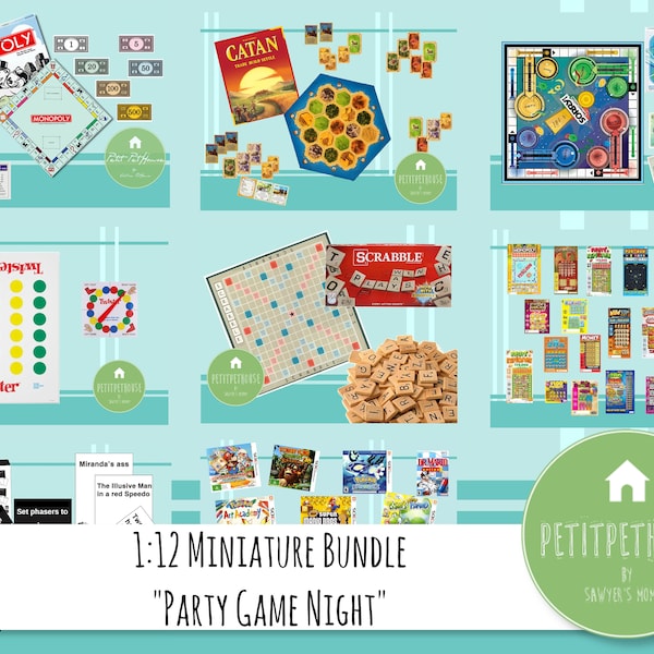 Printable 1:12 Miniature Party Game Night 8-in-1 Bundle for Dollhouse Collection | Board Games | Video Games | Doll House | DIY