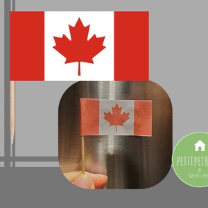 May include: Two Canadian flags on toothpicks. The larger flag is red and white with a red maple leaf. The smaller flag is the same design but smaller. The text "PETITPETHOUSE by Sawyer's Honey" is on a green circle with a white house icon.