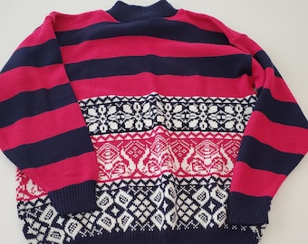 Vintage American Pride Hot Pink and Navy Blue Geometric Pattern Sweater Made in USA Size Medium / Large